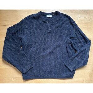 David Taylor Mens XL Blue Henley Sweater Textured Waffle Knit Cozy Grandpacore